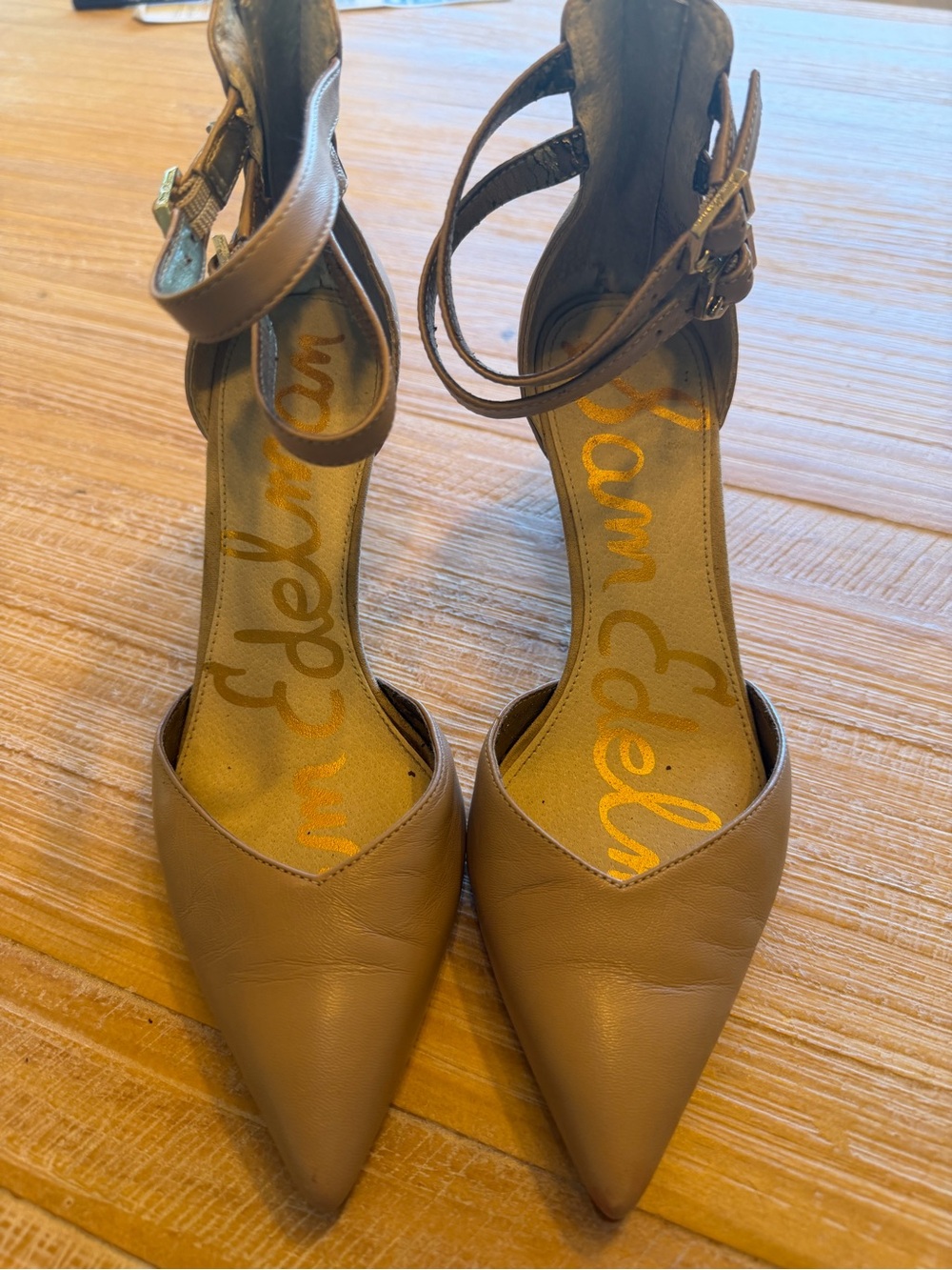 Sam Edelman Taupe Pointed Toe Ankle-Strap Heels